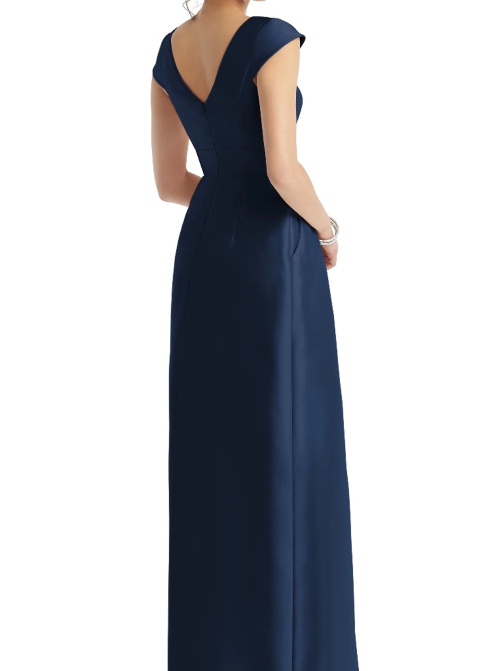 Alfred Sung Midnight Blue Satin A-Line Cap Sleeve Pleated Skirt Dress w/ Pockets - Picture 4 of 14